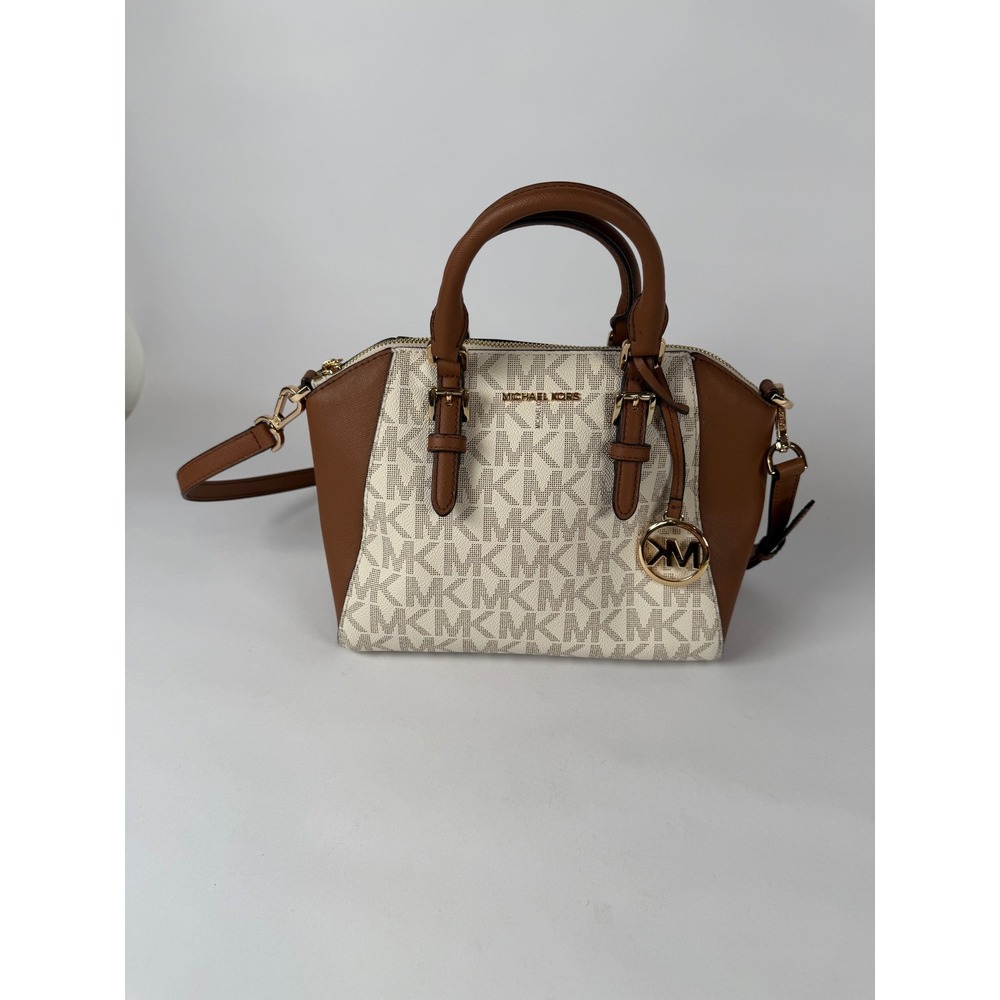 Michael Kors Ciara Small Satchel MK Monogram Canvas Brown Leather Crossbody Bag